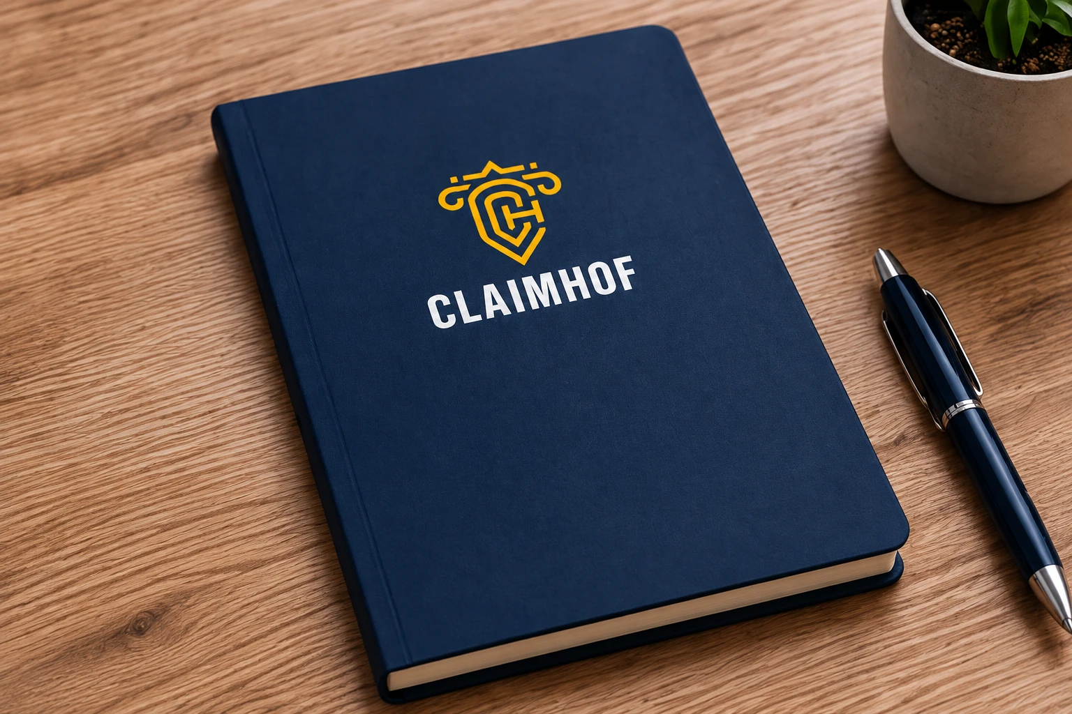 Donkerblauw Claimhof-notitieboek met gouden logo op een houten bureau, met pen en plant